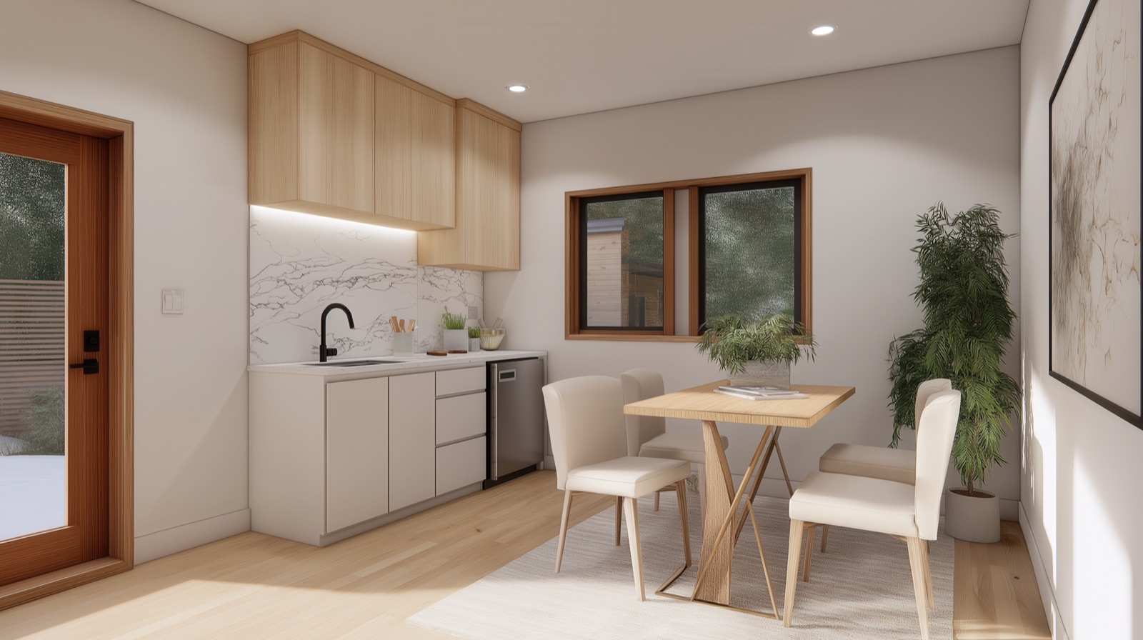 Modern ADU interior kitchenette and dining area in the Yakima Valley