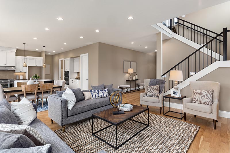 Finished open-concept living room in a Yakima Valley home build